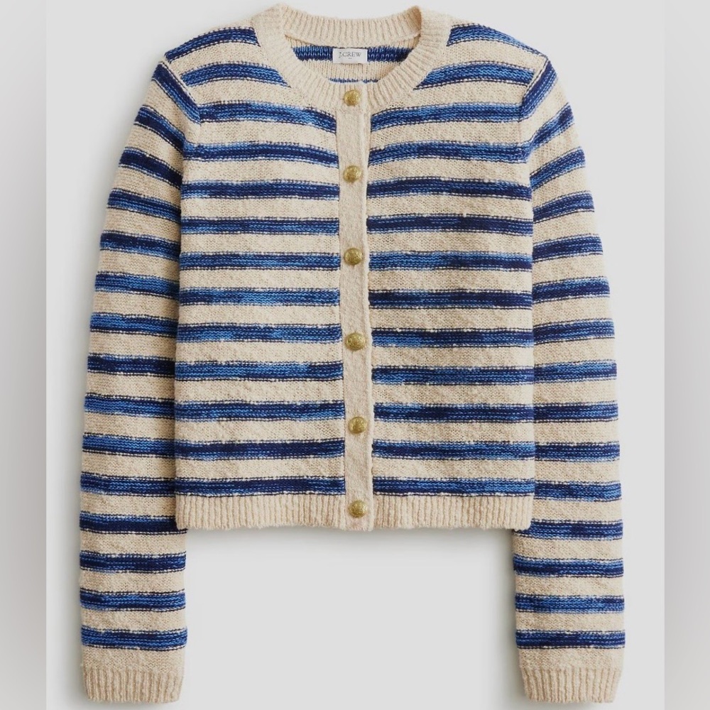J. Crew Cream and Blue Striped Knit Cardigan